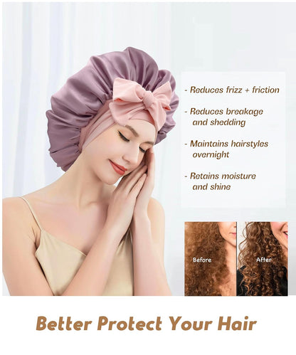 Reversible Double Layer Satin Hair Bonnet with Tie Band for Natural Hair (Includes Scrunchie)