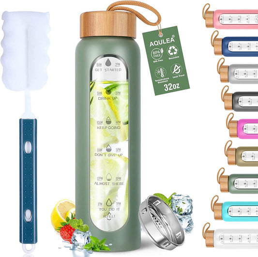 32 Oz Water Bottle with Silicone Sleeve - BPA Free, Reusable, Wide Mouth, Motivational, Leak Proof Borosilicate, Time Marker and Fruit Infuser