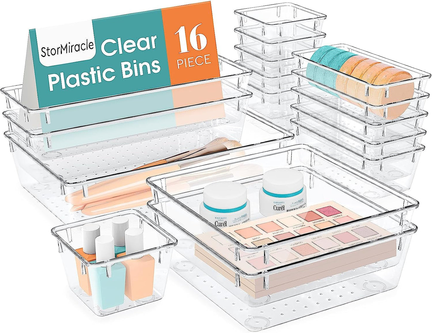 THE SMALL WINS MATTER 16 PCS Drawer Organizer Set | 5 Varied Size Bathroom and Kitchen Drawer Cabinet Organizer Trays | Clear Storage Bins for Makeup, Jewelry, Utensils and Gadgets