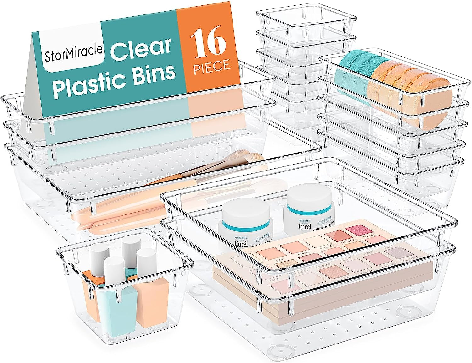 THE SMALL WINS MATTER 16 PCS Drawer Organizer Set | 5 Varied Size Bathroom and Kitchen Drawer Cabinet Organizer Trays | Clear Storage Bins for Makeup, Jewelry, Utensils and Gadgets