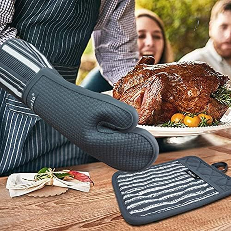 MEAL PREP BASICS Silicone Oven Mitts Heat Resistant 550 Degree | Extra Long Kitchen Gloves Pot Holders with Waterproof and Non-Slip | Baking Cooking Barbecue Microwave Machine Washable