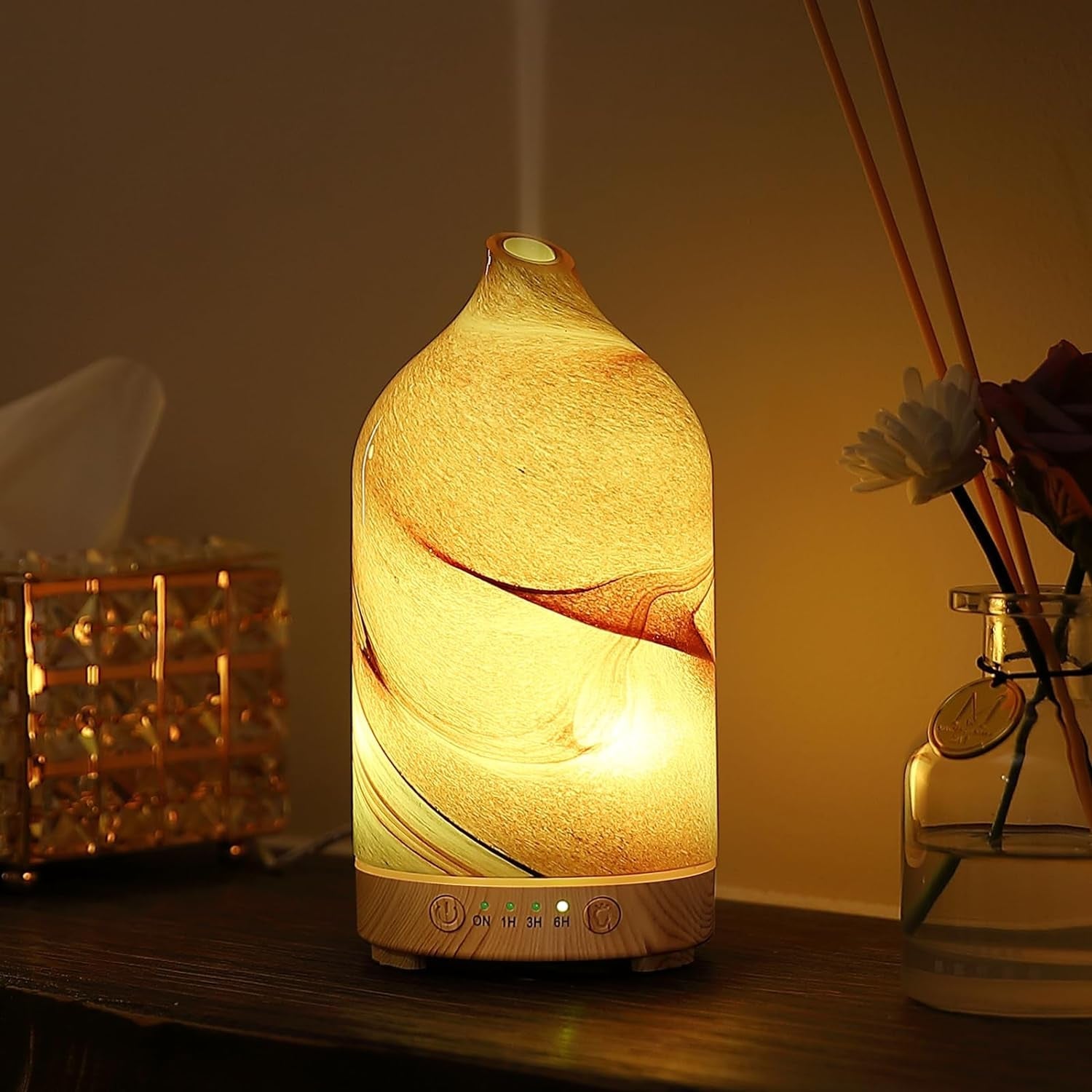 HABIT STACKING 101 Essential Oil Diffuser Hand Blown Glass Aromatherapy Diffuser | Ultrasonic Cool Mist Scent Aroma Diffuser, Whisper Quiet with Auto Shut-Off, Timer Setting & 7 Colors Night Light