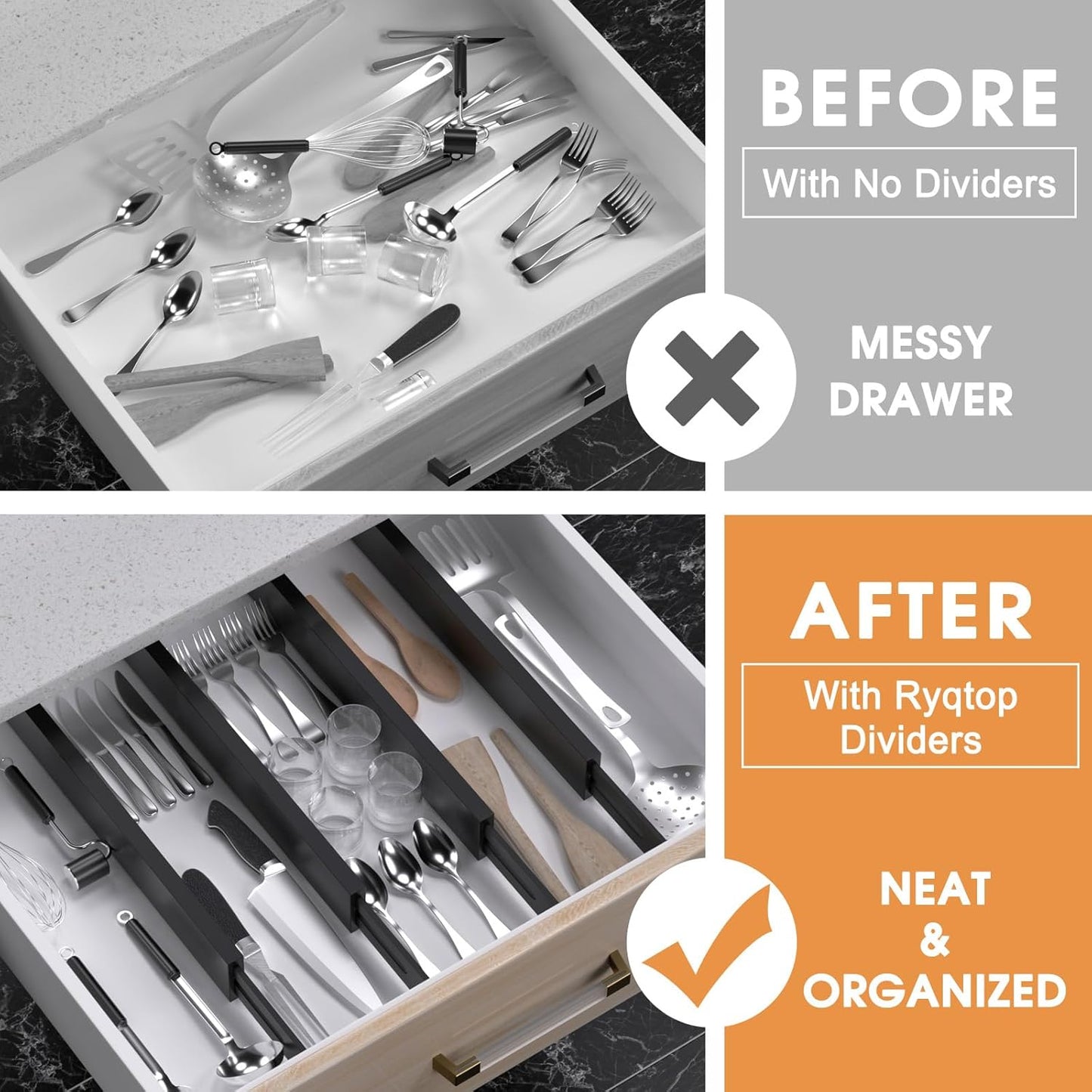 SORT IT OUT Bamboo Drawer Divider Organizers, Kitchen Drawer Organizer, Adjustable Drawer Divider for Clothes, Kitchen, Dresser, Bedroom, Bathroom and Office, 4-Pack (Black, 12-17 IN)