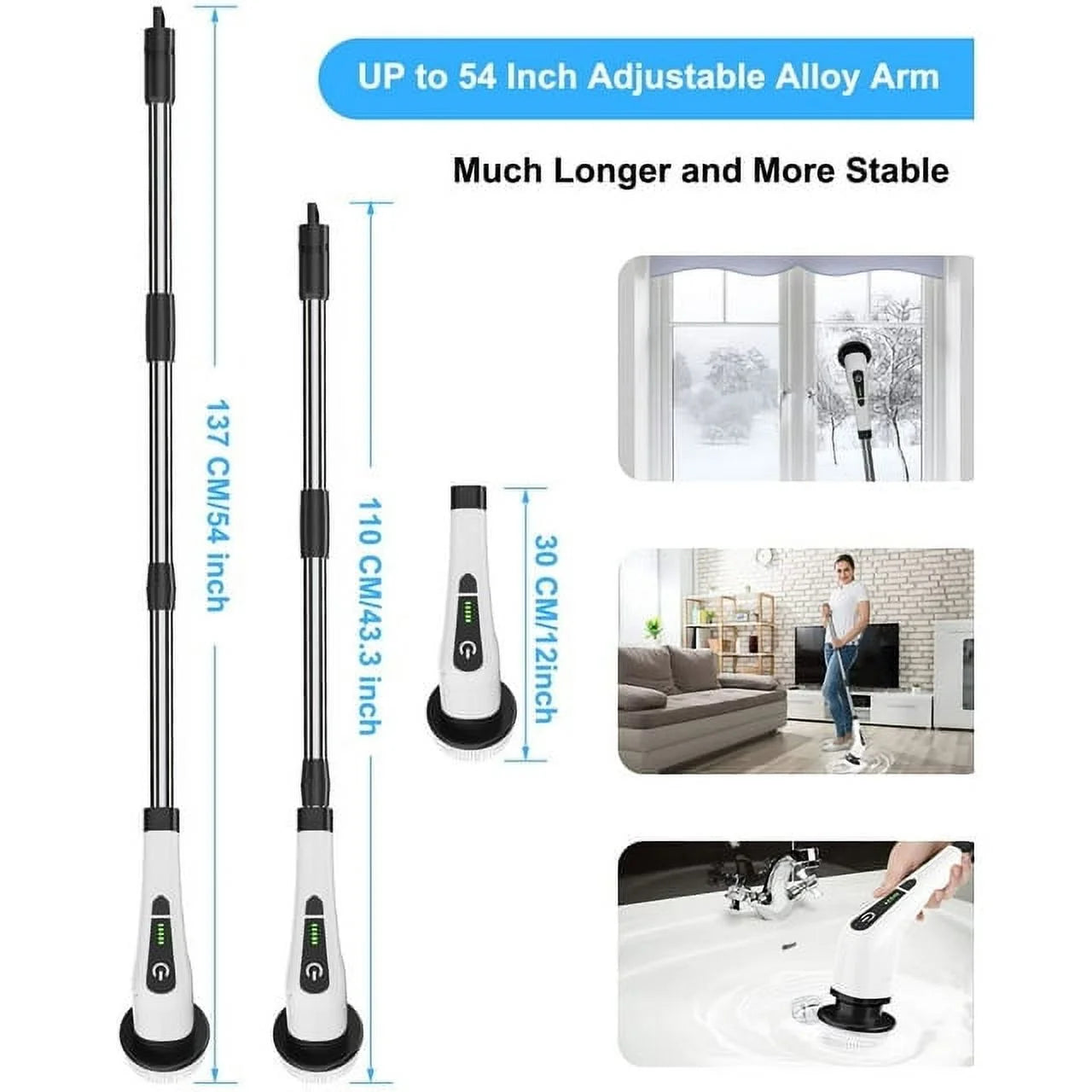 ELEVATE THE CLUTTER ~ Electric Spin Scrubber, Cordless Cleaning Brush with 8 Replaceable Brush Heads, Power Scrubber with Adjustable & Detachable Handle for Bathroom Kitchen Car,White