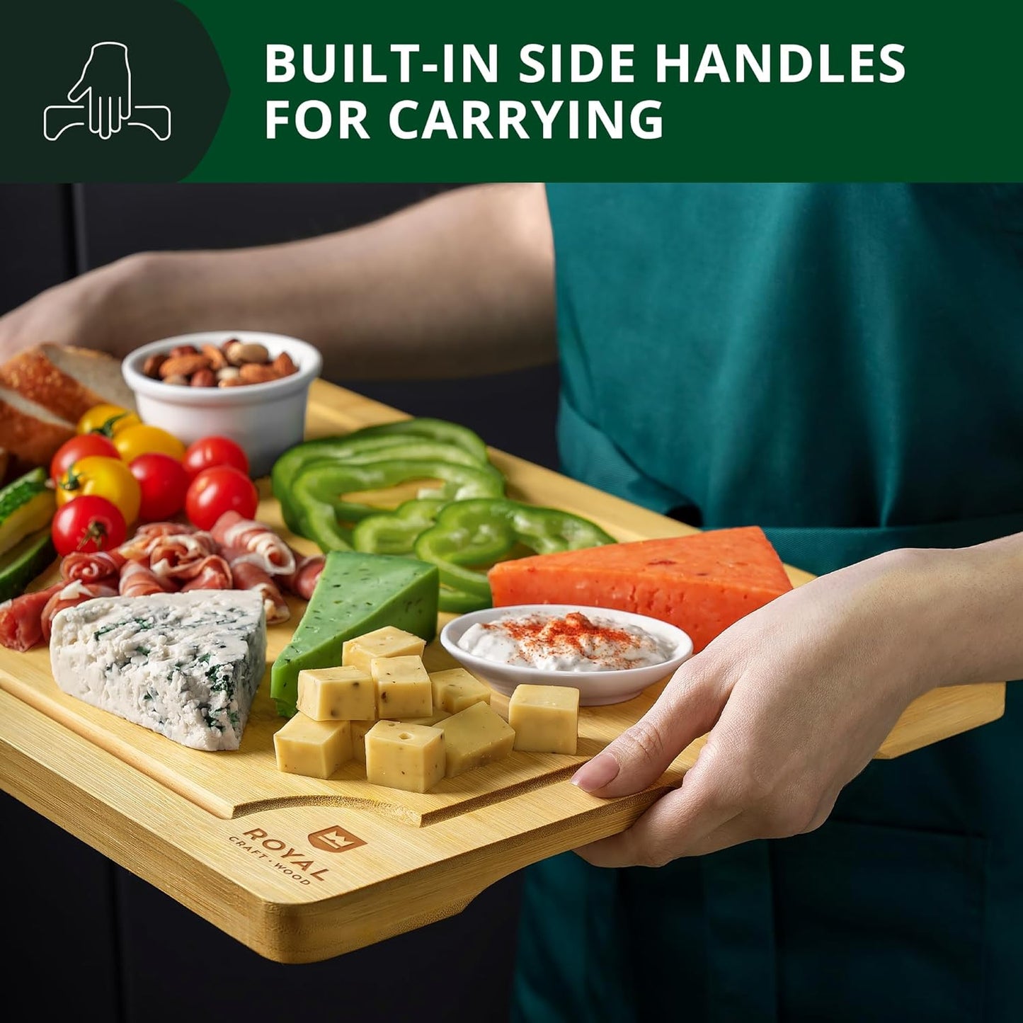 MEAL PREP BASICS Wooden Cutting Boards for Kitchen Meal Prep & Serving | Bamboo Wood Cutting Board Set | Charcuterie & Chopping Butcher Block for Meat