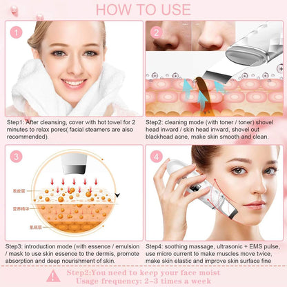 SPA DAY ESSENTIALS Skin Scrubber Face Spatula | LCD Screen Dead Skin Scraper / Blackhead Removal | Ultrasonic Pore Extractor - 4 Modes