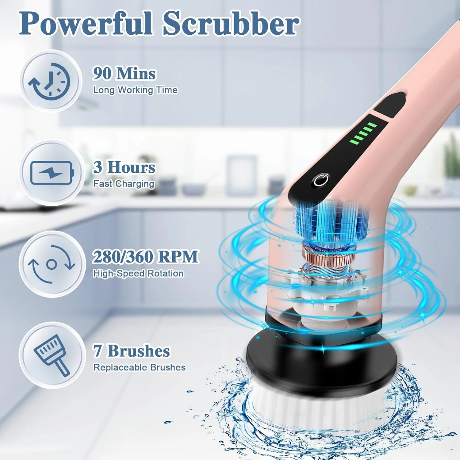 ELEVATE THE CLUTTER ~ Electric Spin Scrubber, Bathroom Cleaning Brush, Pink Power Shower Scrubber with 7 Replaceable Brush Heads, 3 Adjustable Handle for Bathroom, Tub, Tile, Floor, Glass, Car