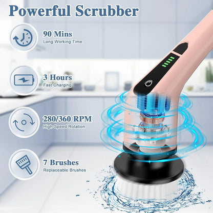 ELEVATE THE CLUTTER ~ Electric Spin Scrubber, Bathroom Cleaning Brush, Pink Power Shower Scrubber with 7 Replaceable Brush Heads, 3 Adjustable Handle for Bathroom, Tub, Tile, Floor, Glass, Car