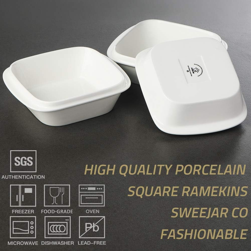 YOU, A WHOLE CHEF, Porcelain 10Oz Square Ramekins (SET of 6) with Handle for Baking, Souffle Dishes, Sauce Dishes, Dipping Bowls Stackable