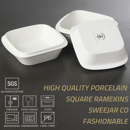 YOU, A WHOLE CHEF, Porcelain 10Oz Square Ramekins (SET of 6) with Handle for Baking, Souffle Dishes, Sauce Dishes, Dipping Bowls Stackable