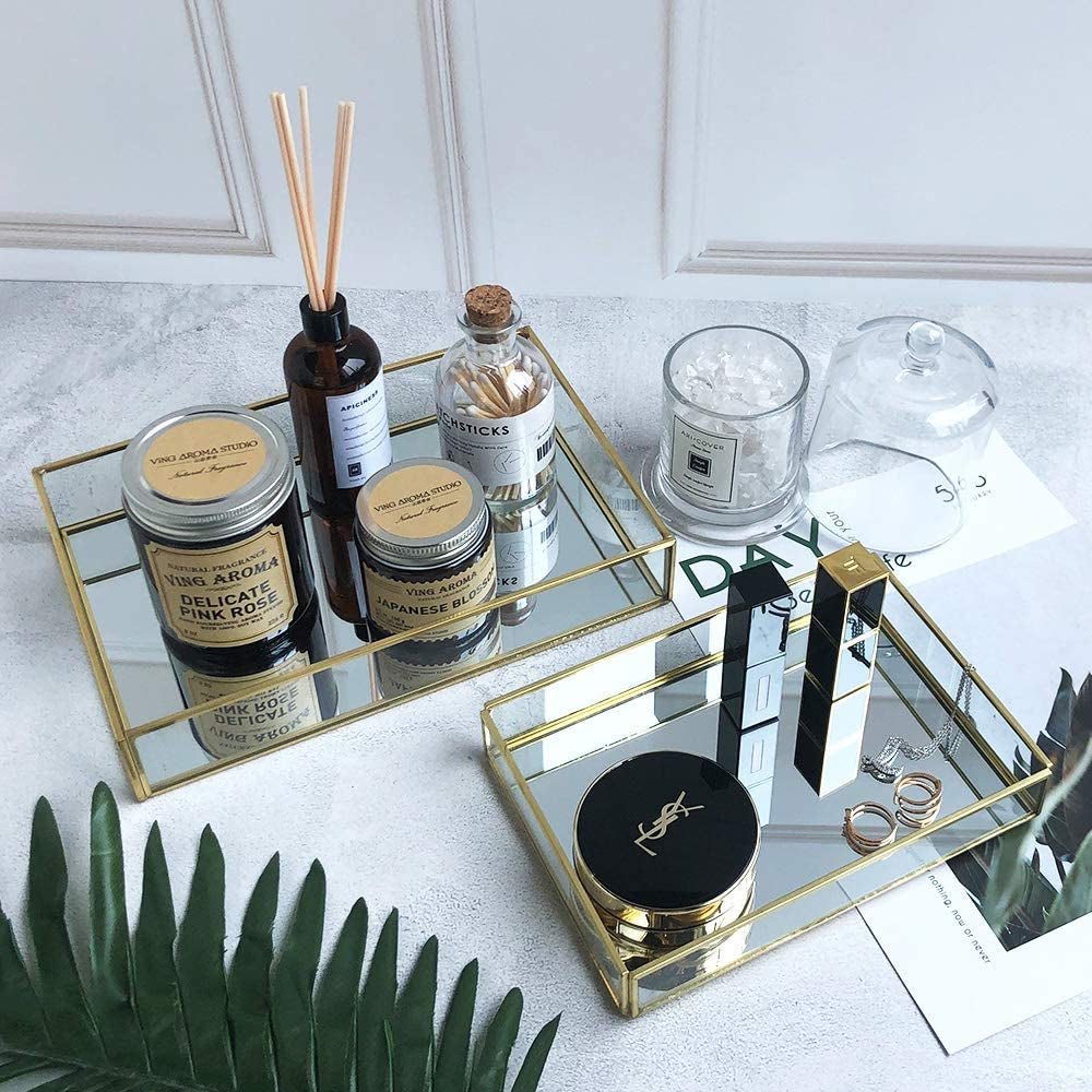 BEAUTIFY YOUR CLUTER Decorative Tray | Gold Mirror Tray for Jewelry, Makeup, Skincare, Fragrance 