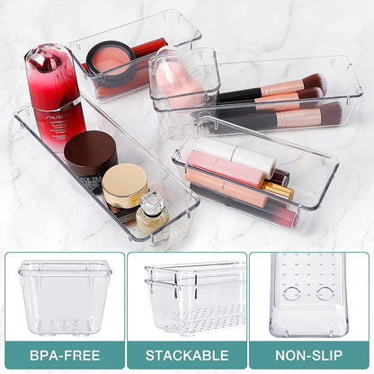 THE SMALL WINS MATTER 16 PCS Drawer Organizer Set | 5 Varied Size Bathroom and Kitchen Drawer Cabinet Organizer Trays | Clear Storage Bins for Makeup, Jewelry, Utensils and Gadgets