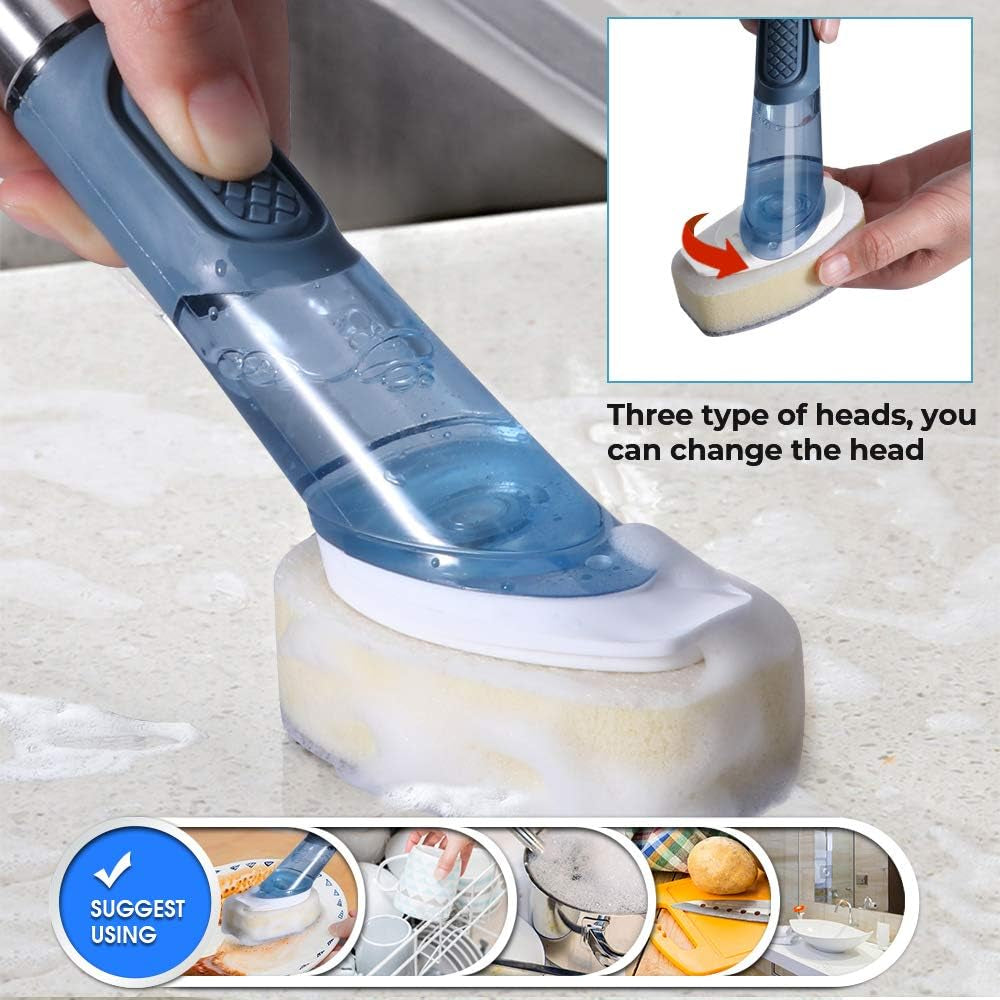 HABIT STACKING 101 Dispensing Kitchen And Bathroom Brush | Smart Kitchen & Shower Cleaner | 3 Replaceable Cleaning Heads | Soap Bristle Dishwashing Brush with Stainless Steel Handle