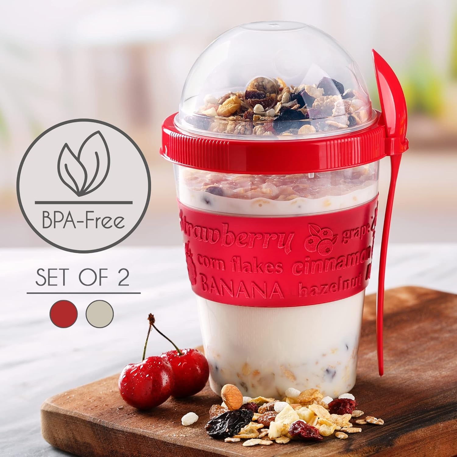 MEAL PREP BASICS ~ Yogurt Parfait Cups for Breakfast, Oatmeal or Fruit Container, Snack Bowl and Spoon for Lunch Box, Portable & Reusable, 2 Pcs (Red & Cream)