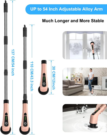 ELEVATE THE CLUTTER ~ Electric Spin Scrubber, Bathroom Cleaning Brush, Pink Power Shower Scrubber with 7 Replaceable Brush Heads, 3 Adjustable Handle for Bathroom, Tub, Tile, Floor, Glass, Car