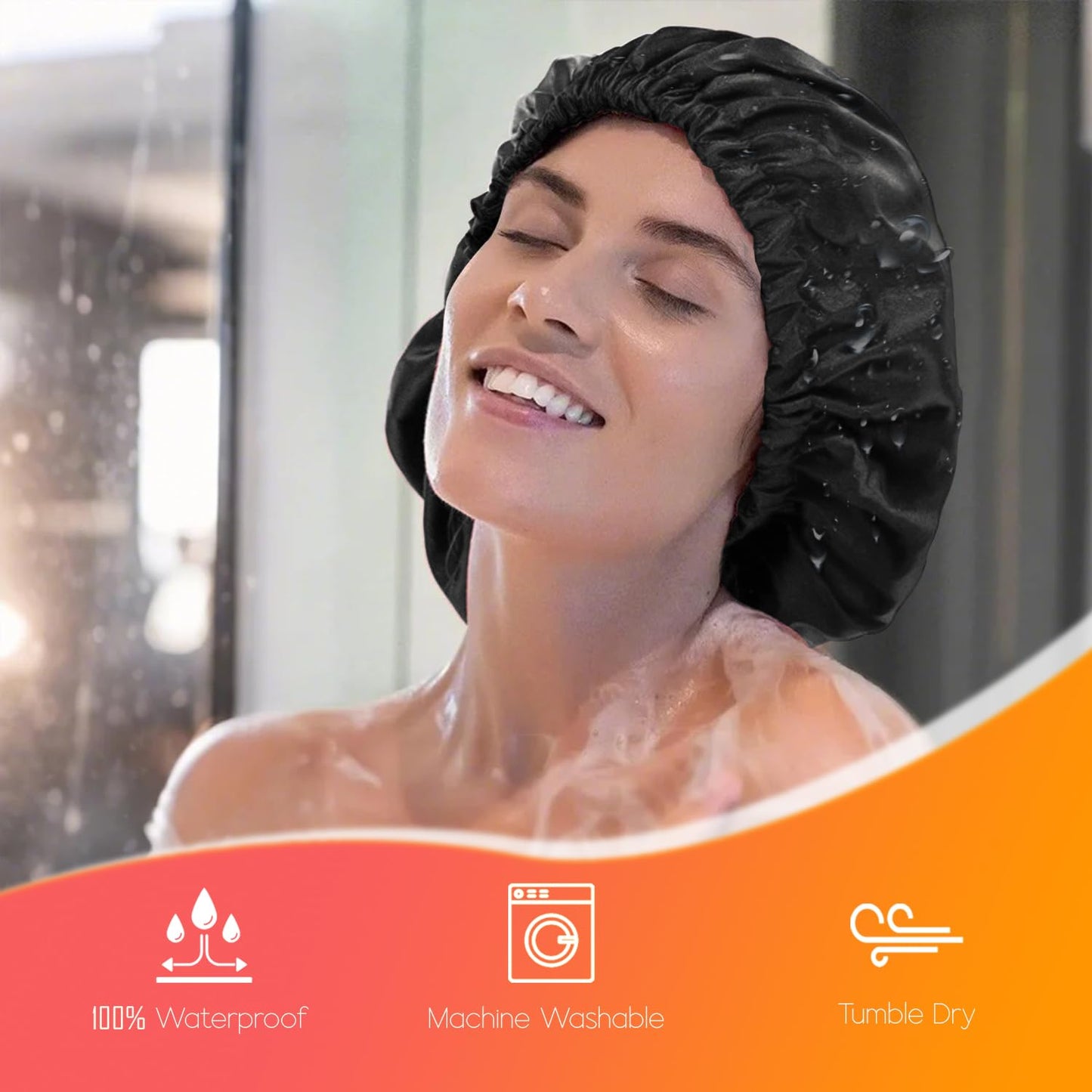Silk Shower Cap Reusable-Double Layer & Lined, Waterproof, Washable & Adjustable (All Hair Styles)