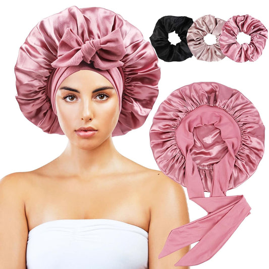 Satin Bonnet with security loop, 3 Scrunchies, Double Layer, (Natural Hair, Braids, Long Hair) 