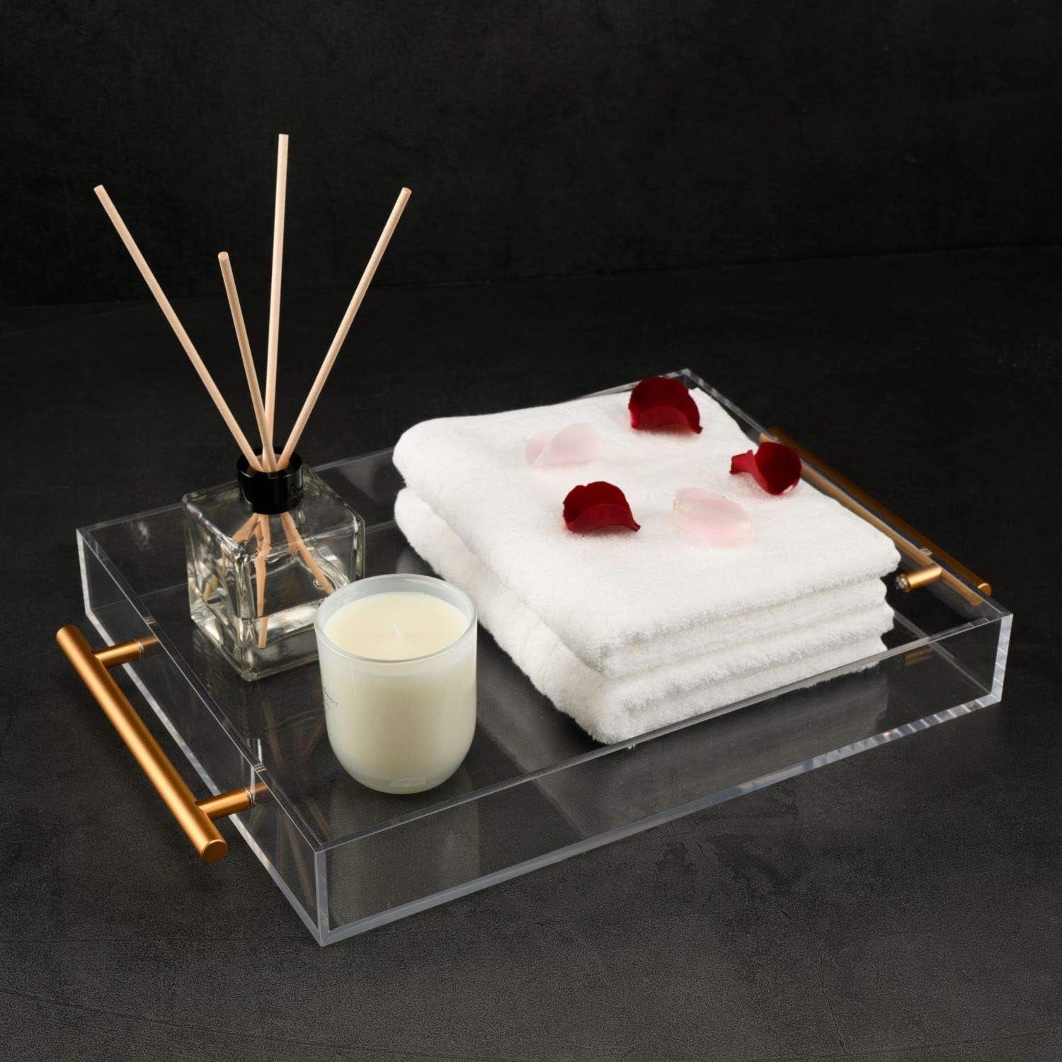 CLUTTER WHERE, CLUTTER BEWARE Clear Acrylic Tray with Metal Handles - No Need to Assemble -11X14 Inch - Decorative Storage Organizer with Spill-Proof Design