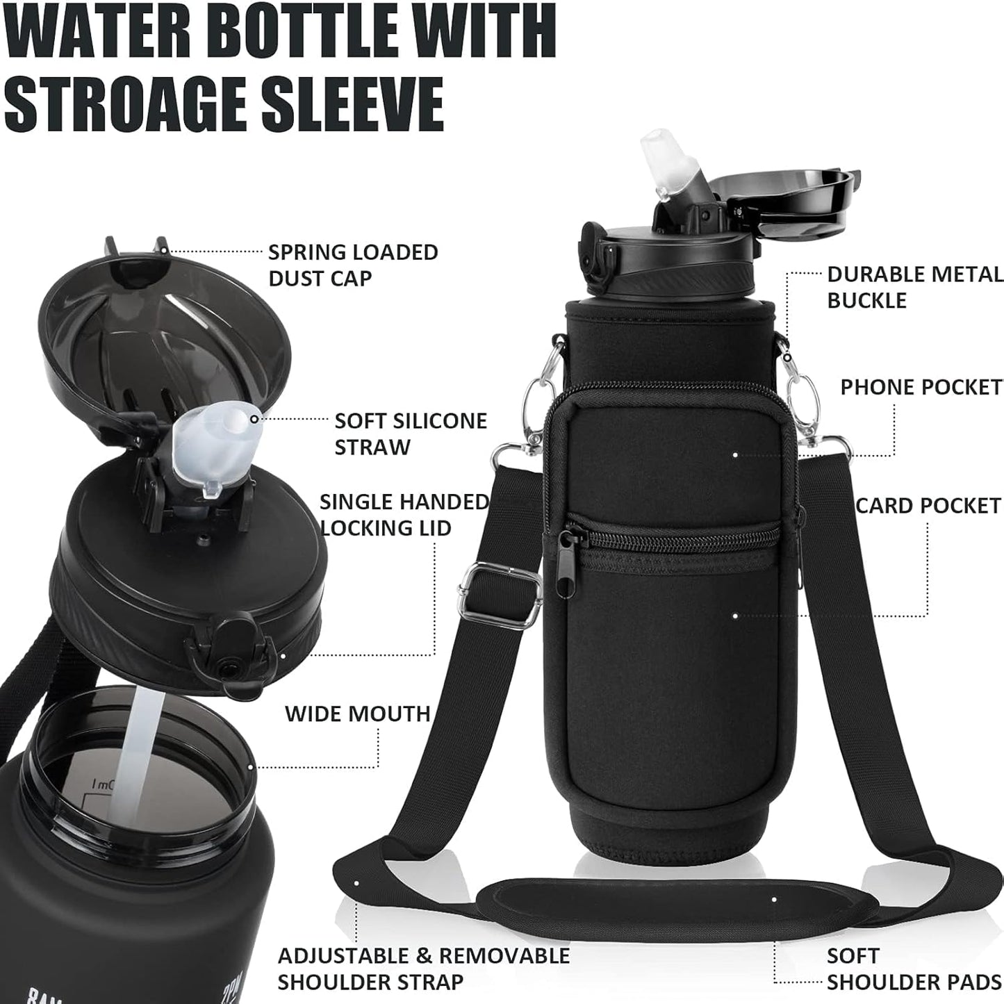 32 Oz Water Bottle with Sleeve - BPA Free Leakproof Sport Large 1L Plastic Motivational Water Bottle with Straw Strap & Insulated Neoprene Holder Carrier Bag 