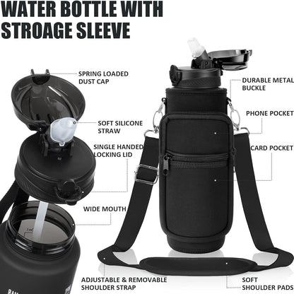 32 Oz Water Bottle with Sleeve - BPA Free Leakproof Sport Large 1L Plastic Motivational Water Bottle with Straw Strap & Insulated Neoprene Holder Carrier Bag 